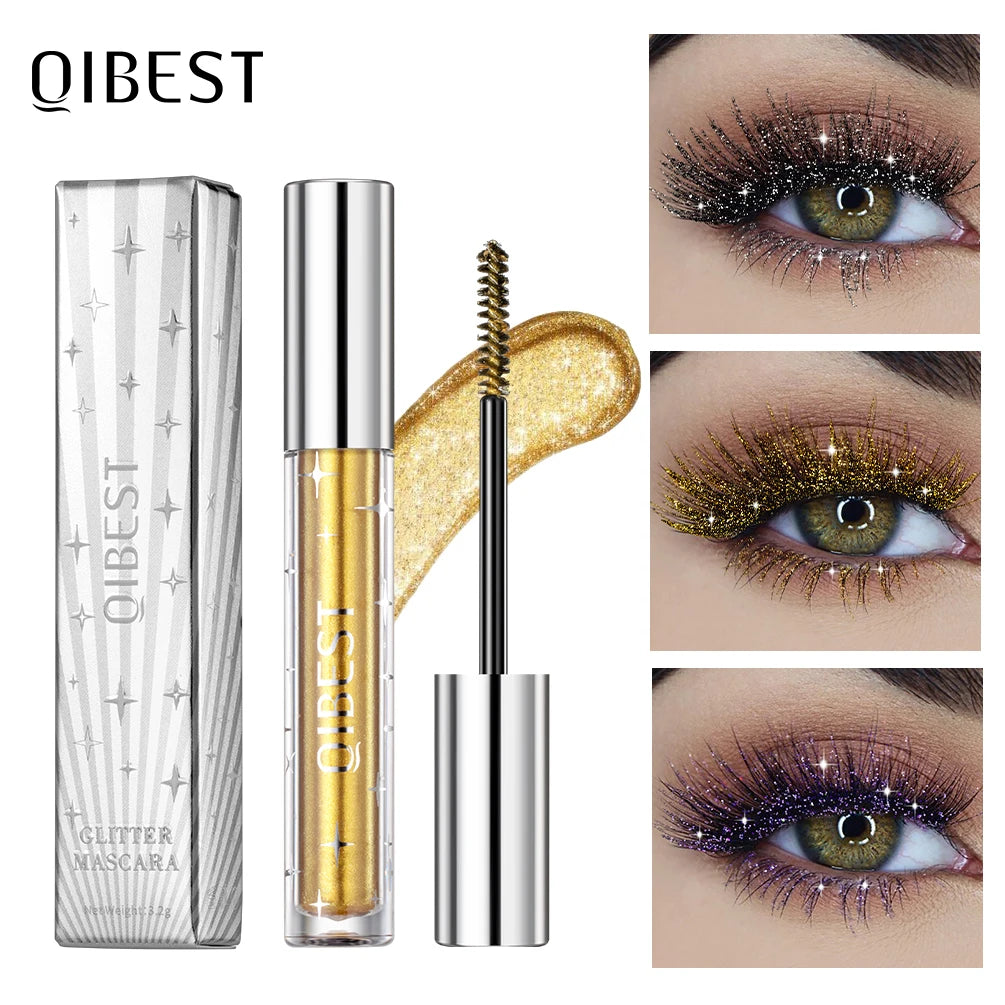 ماسكارا QIBEST Diamond Glitter Mascara تدوم طويلاً وسريعة الجفاف لتمويج الرموش، ماسكارا تجميل لامعة لمستحضرات التجميل للنساء