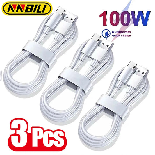 NNBILI 1-3PCS 10A 100W Type C Super Fast Charging Cable Data Cord For Samsung Huawei  Xiaomi Redmi Quick Charing USB C Cables